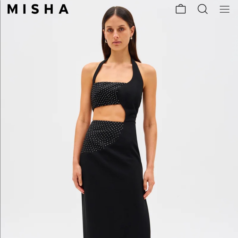 Misha Polina Crepe Maxi Dress. Black cutout dress for weddings. Size XS. Size 0